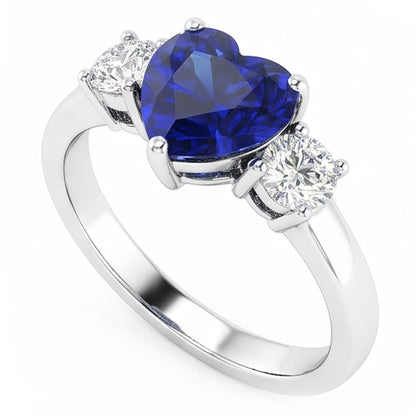 Three Stone Heart Blue Sapphire Ring & Round Natural Earth Mined Diamonds 2.50 Carats