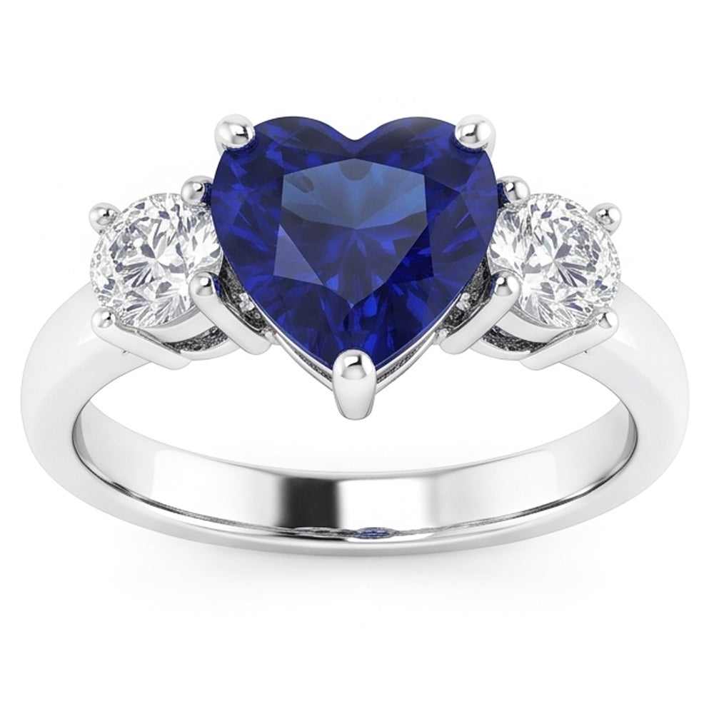Three Stone Heart Blue Sapphire Ring & Round Natural Earth Mined Diamonds 2.50 Carats