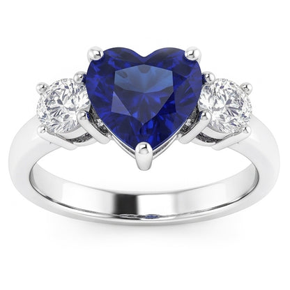 Three Stone Heart Blue Sapphire Ring & Round Natural Earth Mined Diamonds 2.50 Carats