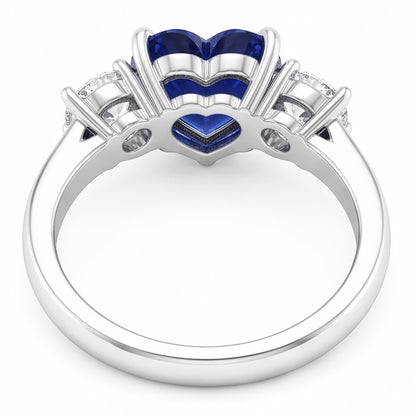 Three Stone Heart Blue Sapphire Ring & Round Natural Earth Mined Diamonds 2.50 Carats