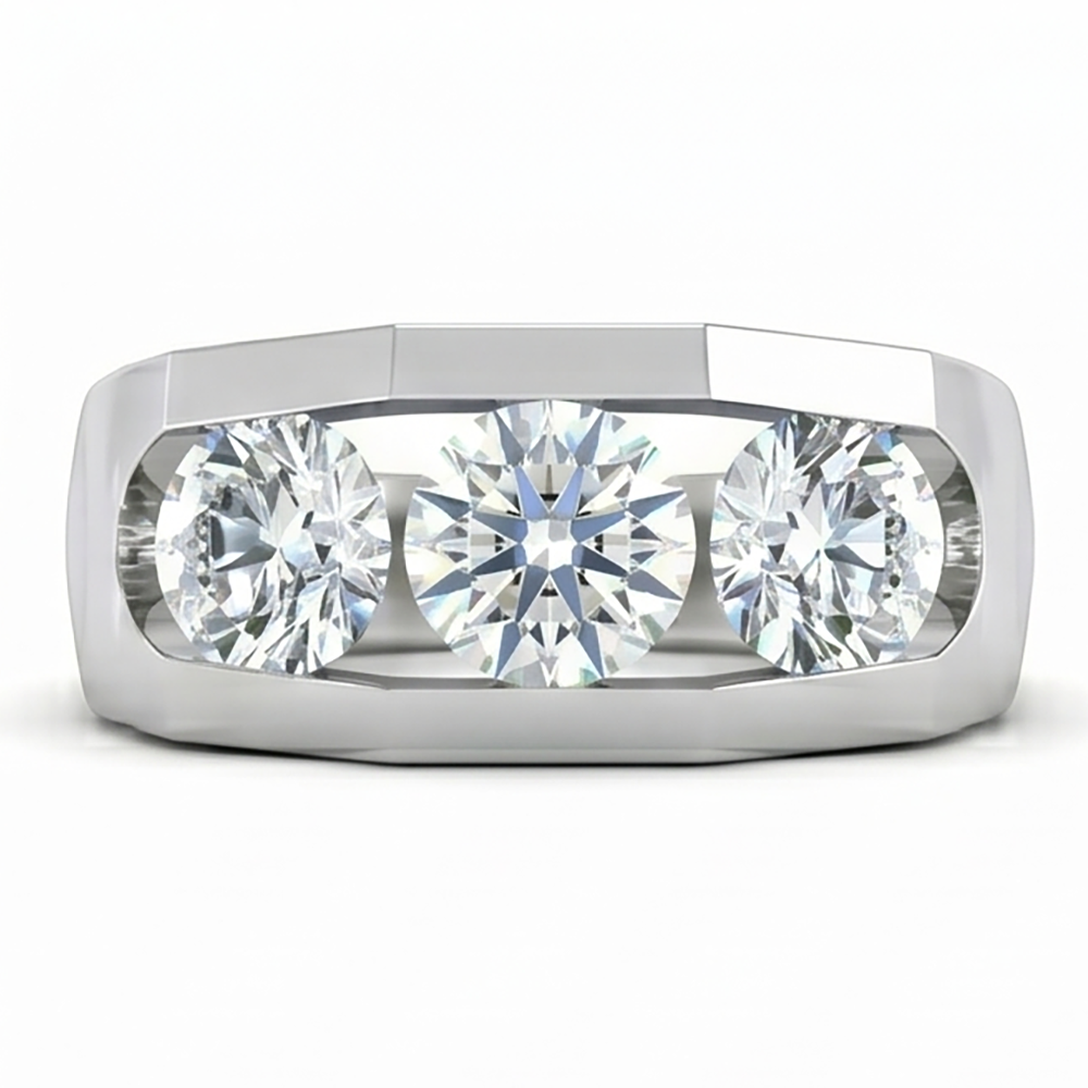 Three Stone Men's Ring Lab Grown Round Diamonds 10K Gold