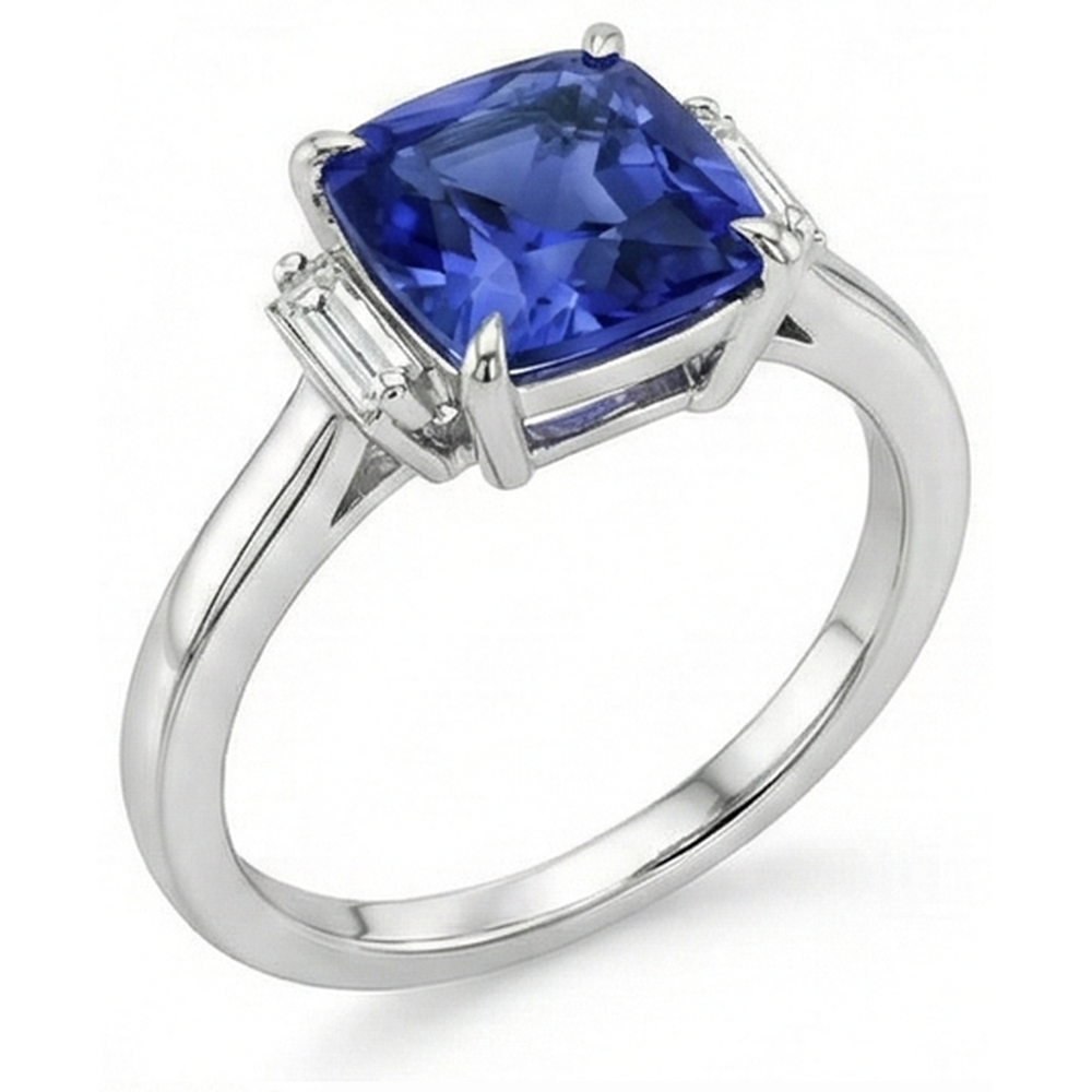 Three Stone Natural Earth Mined Diamond Blue Sapphire Ring 3.25 Carats White Gold