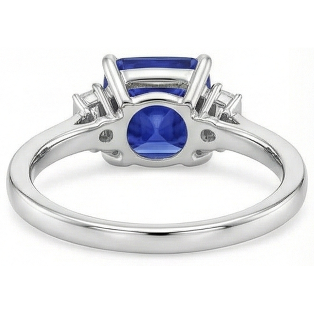 Three Stone Natural Earth Mined Diamond Blue Sapphire Ring 3.25 Carats White Gold