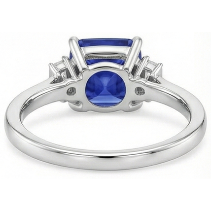 Three Stone Natural Earth Mined Diamond Blue Sapphire Ring 3.25 Carats White Gold