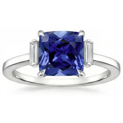Three Stone Natural Earth Mined Diamond Blue Sapphire Ring 3.25 Carats White Gold