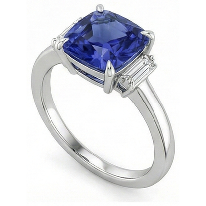 Three Stone Natural Earth Mined Diamond Blue Sapphire Ring 3.25 Carats White Gold