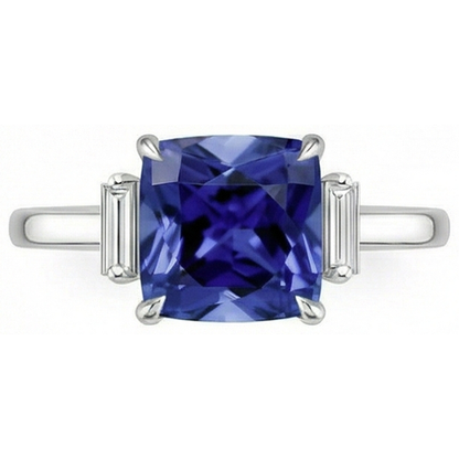 Three Stone Natural Earth Mined Diamond Blue Sapphire Ring 3.25 Carats White Gold