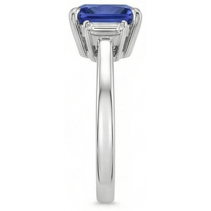 Three Stone Natural Earth Mined Diamond Blue Sapphire Ring 3.25 Carats White Gold