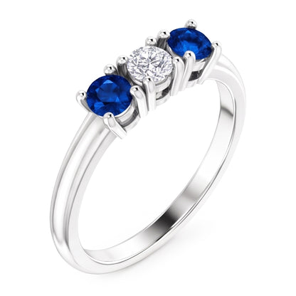 Three Stone Natural Earth Mined Diamond Ring 0.60 Carats Ceylon Blue Sapphire Jewelry New