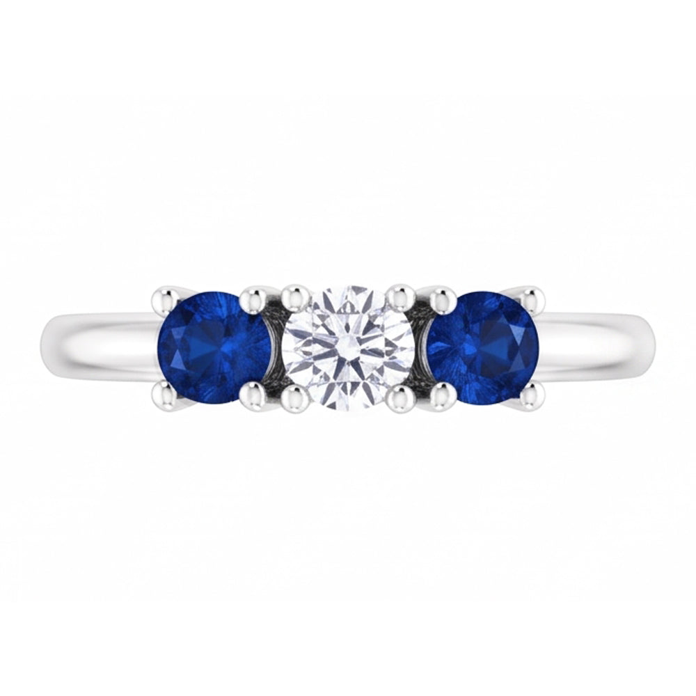Three Stone Natural Earth Mined Diamond Ring 0.60 Carats Ceylon Blue Sapphire Jewelry New
