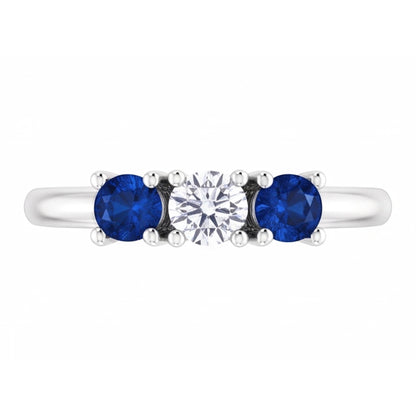 Three Stone Natural Earth Mined Diamond Ring 0.60 Carats Ceylon Blue Sapphire Jewelry New