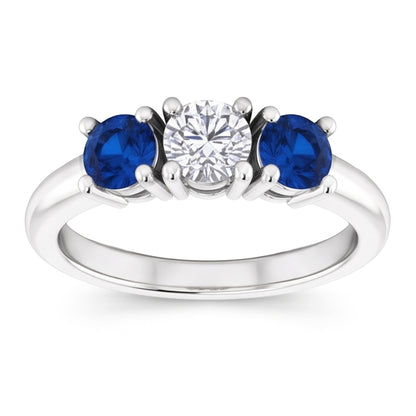 Three Stone Natural Earth Mined Diamond Ring 0.60 Carats Ceylon Blue Sapphire Jewelry New