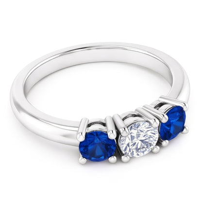 Three Stone Natural Earth Mined Diamond Ring 0.60 Carats Ceylon Blue Sapphire Jewelry New