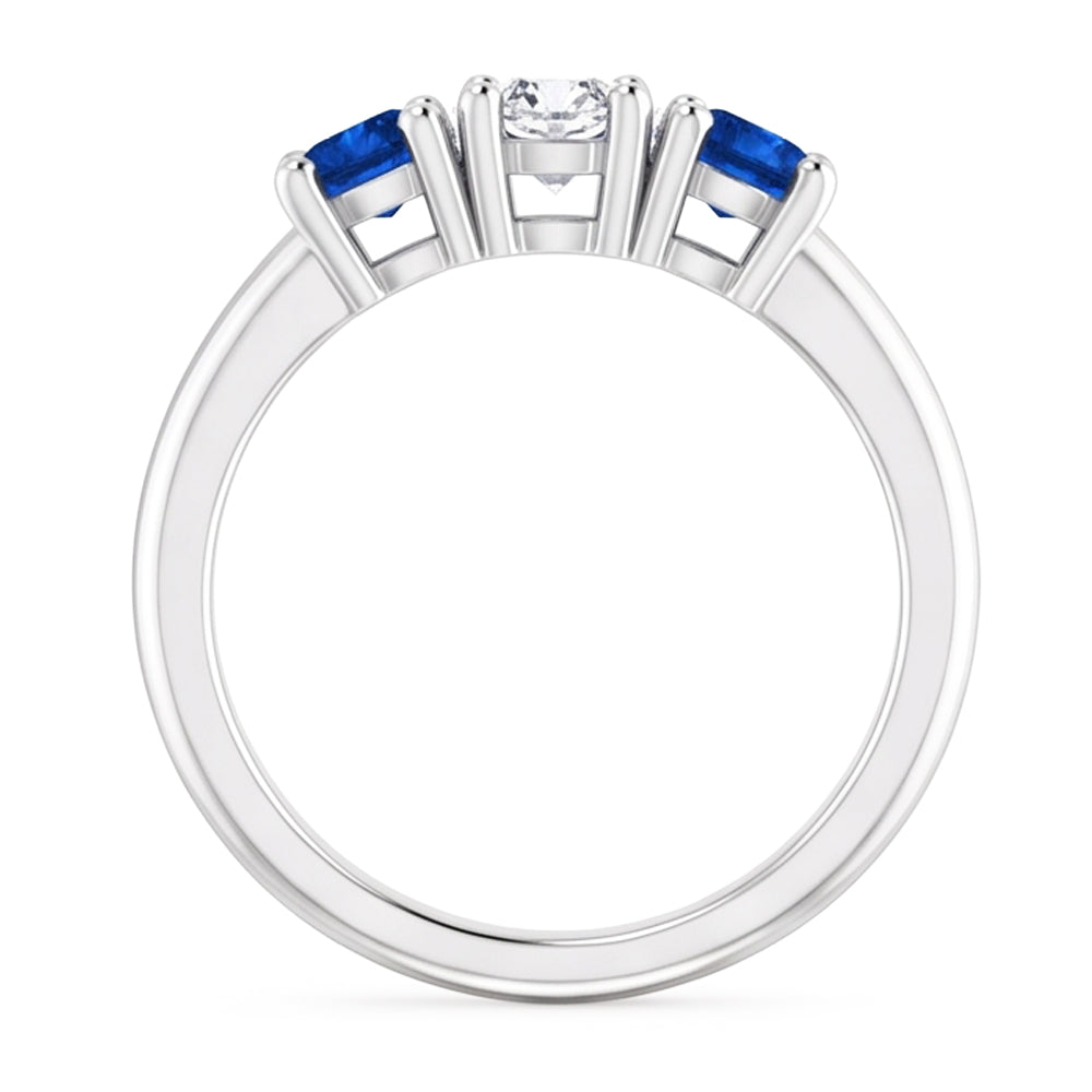 Three Stone Natural Earth Mined Diamond Ring 0.60 Carats Ceylon Blue Sapphire Jewelry New