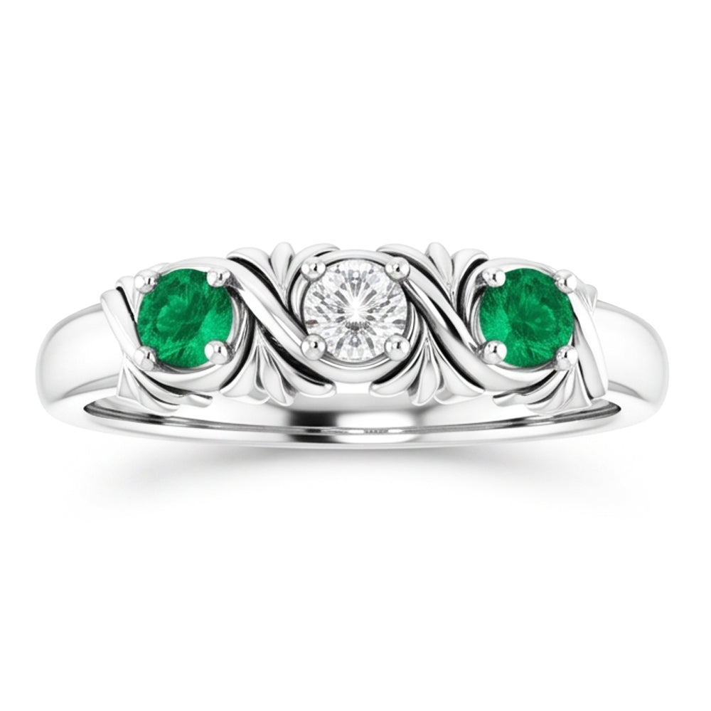 Three-Stone Natural Earth Mined Diamond Ring Emerald Antique Style 0.60 Carats