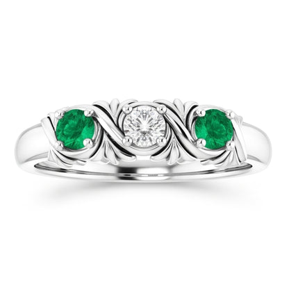 Three-Stone Natural Earth Mined Diamond Ring Emerald Antique Style 0.60 Carats