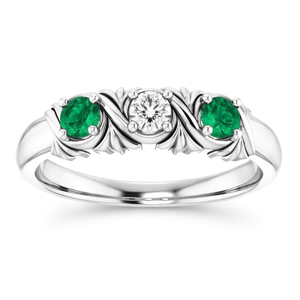 Three-Stone Natural Earth Mined Diamond Ring Emerald Antique Style 0.60 Carats