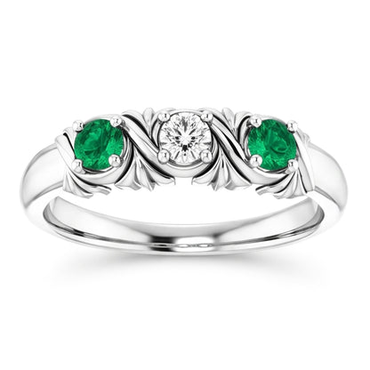 Three-Stone Natural Earth Mined Diamond Ring Emerald Antique Style 0.60 Carats