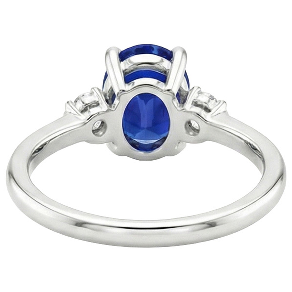 Three Stone Natural Earth Mined Diamond & Oval Ceylon Sapphire Ring 3.50 Carats White Gold