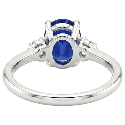 Three Stone Natural Earth Mined Diamond & Oval Ceylon Sapphire Ring 3.50 Carats White Gold