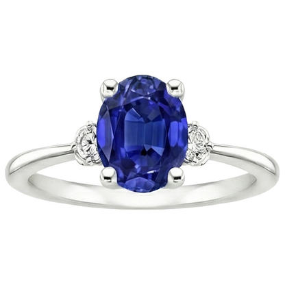 Three Stone Natural Earth Mined Diamond & Oval Ceylon Sapphire Ring 3.50 Carats White Gold
