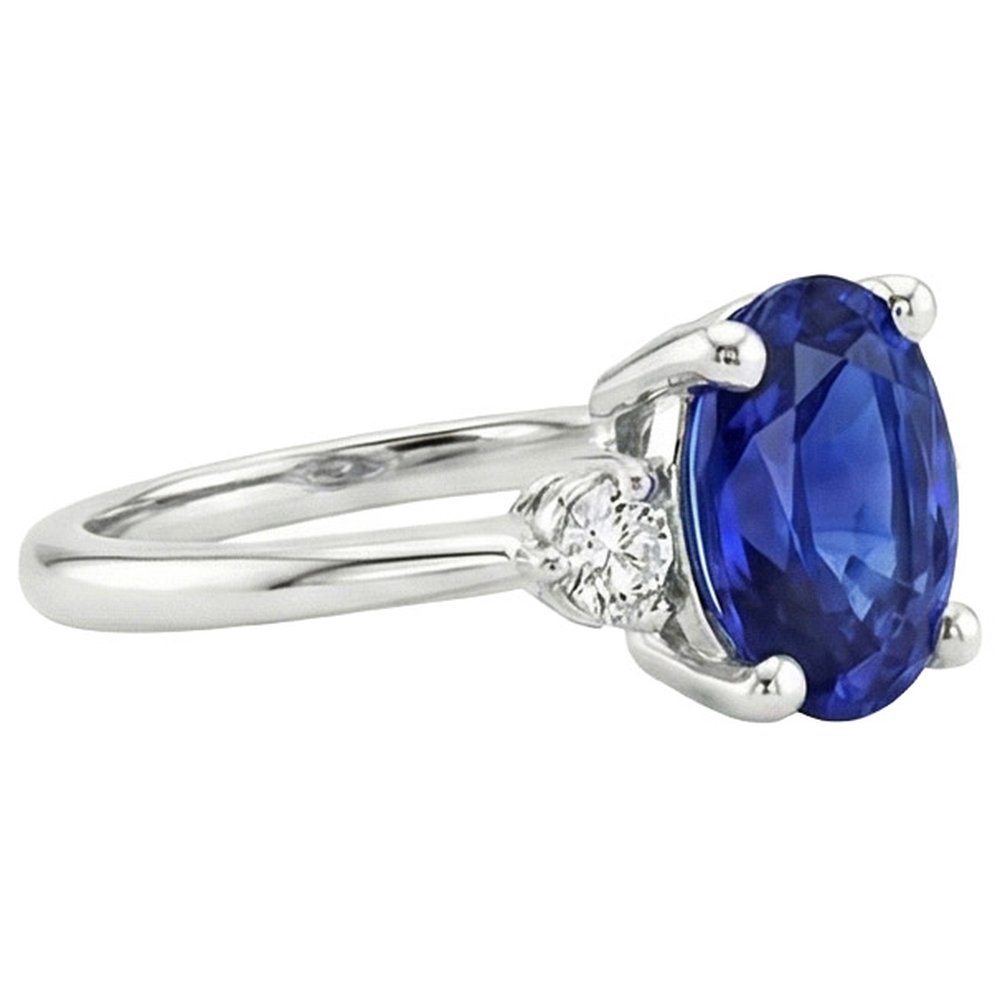 Three Stone Natural Earth Mined Diamond & Oval Ceylon Sapphire Ring 3.50 Carats White Gold