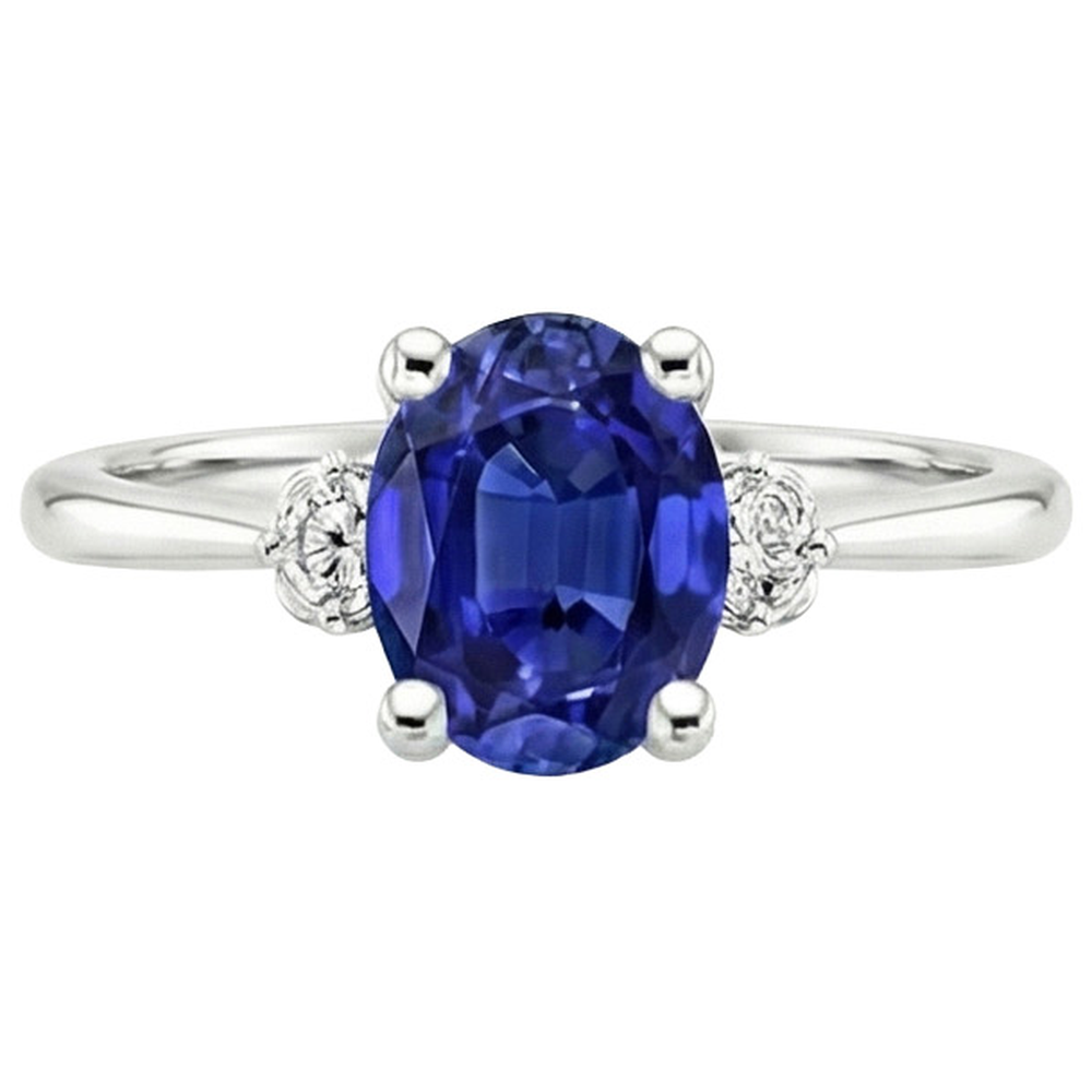 Three Stone Natural Earth Mined Diamond & Oval Ceylon Sapphire Ring 3.50 Carats White Gold