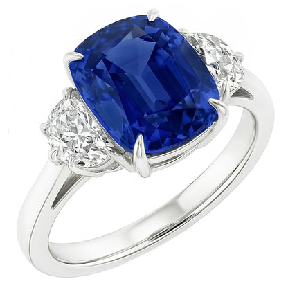 Three Stone Oval Blue Sapphire Ring 4.50 Carats Half Moon Natural Earth Mined Diamonds
