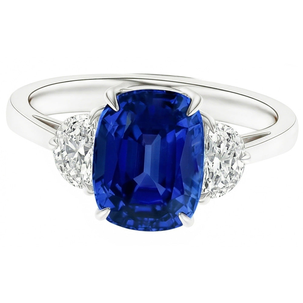 Three Stone Oval Blue Sapphire Ring 4.50 Carats Half Moon Natural Earth Mined Diamonds