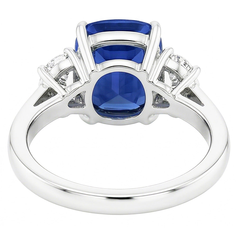 Three Stone Oval Blue Sapphire Ring 4.50 Carats Half Moon Natural Earth Mined Diamonds