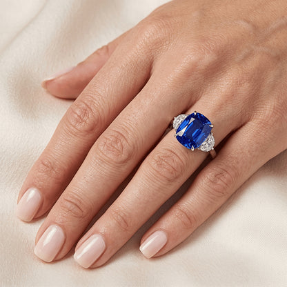 Three Stone Oval Blue Sapphire Ring 4.50 Carats Half Moon Natural Earth Mined Diamonds