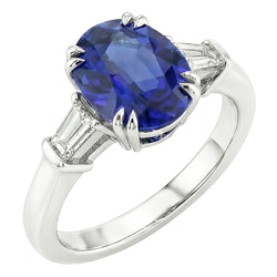 Three Stone Oval Blue Sapphire Ring With Baguette Natural Earth Mined Diamond 3.25 Carats