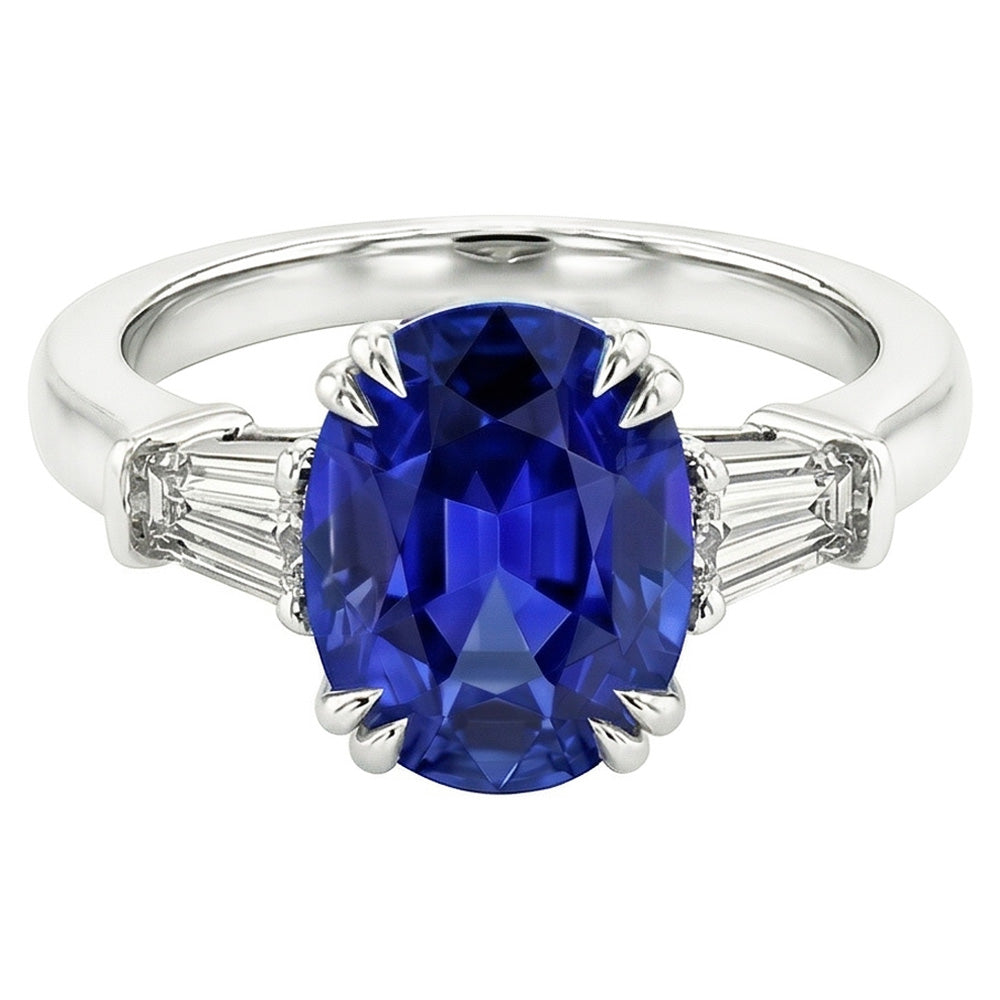 Three Stone Oval Blue Sapphire Ring With Baguette Natural Earth Mined Diamond 3.25 Carats