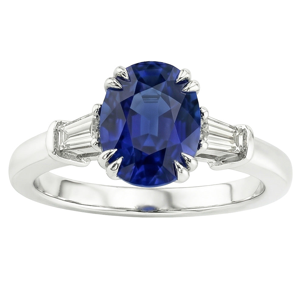 Three Stone Oval Blue Sapphire Ring With Baguette Natural Earth Mined Diamond 3.25 Carats