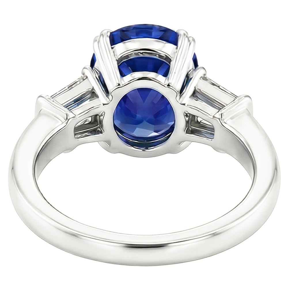 Three Stone Oval Blue Sapphire Ring With Baguette Natural Earth Mined Diamond 3.25 Carats