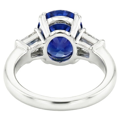 Three Stone Oval Blue Sapphire Ring With Baguette Natural Earth Mined Diamond 3.25 Carats