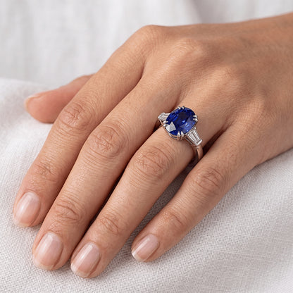 Three Stone Oval Blue Sapphire Ring With Baguette Natural Earth Mined Diamond 3.25 Carats