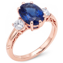 Three Stone Oval Blue Sapphire Ring & Natural Earth Mined Diamonds 2.50 Carats