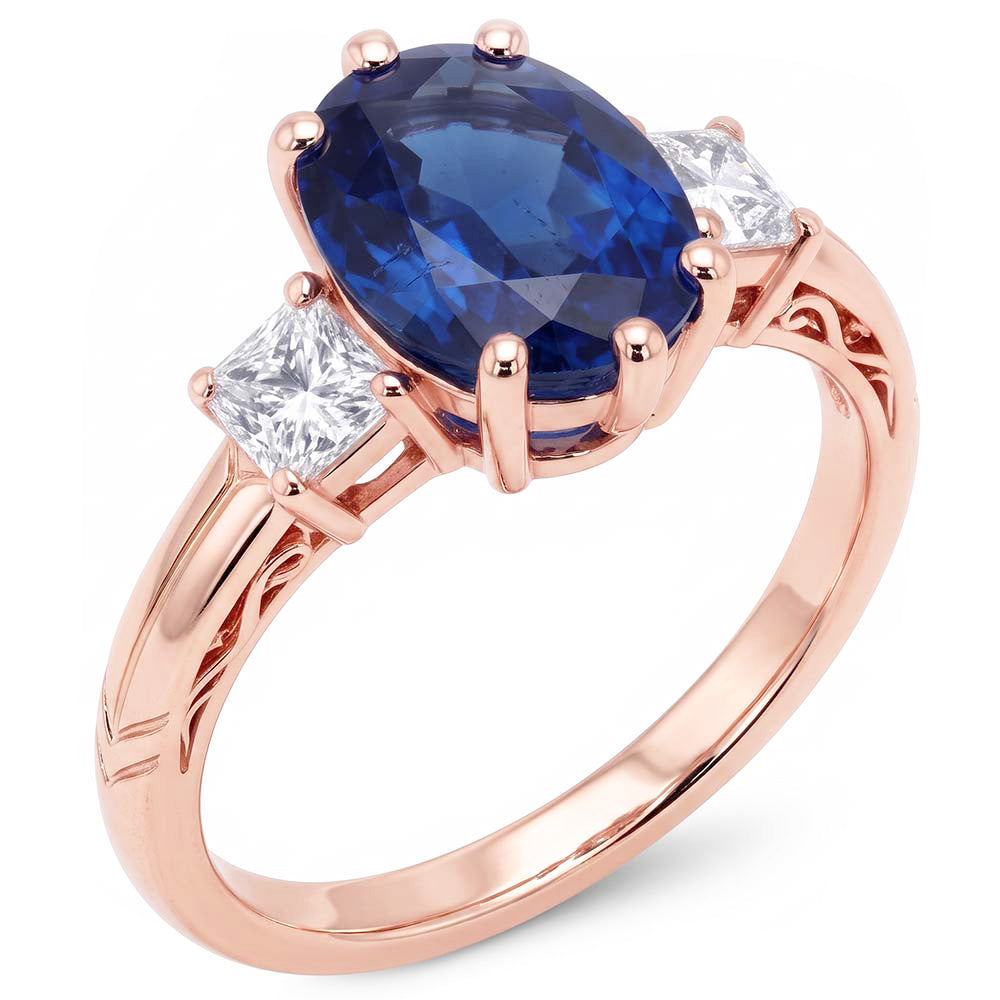 Three Stone Oval Blue Sapphire Ring & Natural Earth Mined Diamonds 2.50 Carats