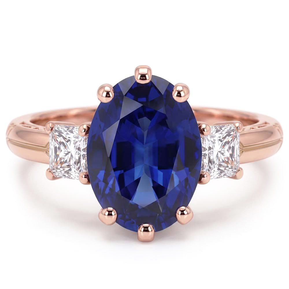 Three Stone Oval Blue Sapphire Ring & Natural Earth Mined Diamonds 2.50 Carats
