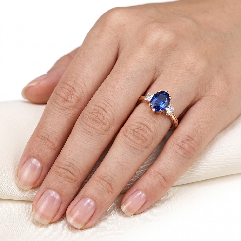 Three Stone Oval Blue Sapphire Ring & Natural Earth Mined Diamonds 2.50 Carats