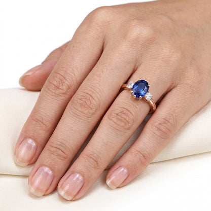Three Stone Oval Blue Sapphire Ring & Natural Earth Mined Diamonds 2.50 Carats