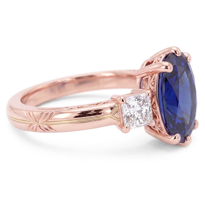 Three Stone Oval Blue Sapphire Ring & Natural Earth Mined Diamonds 2.50 Carats