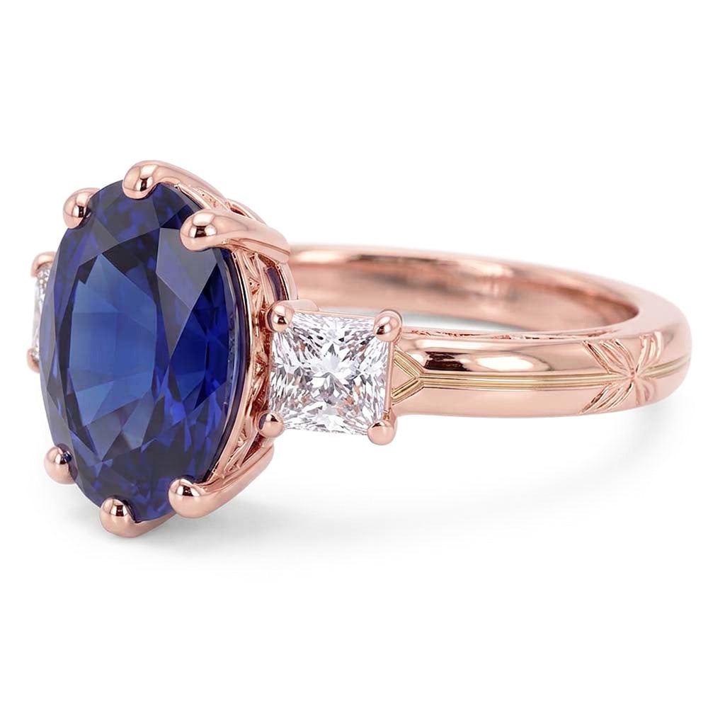 Three Stone Oval Blue Sapphire Ring & Natural Earth Mined Diamonds 2.50 Carats