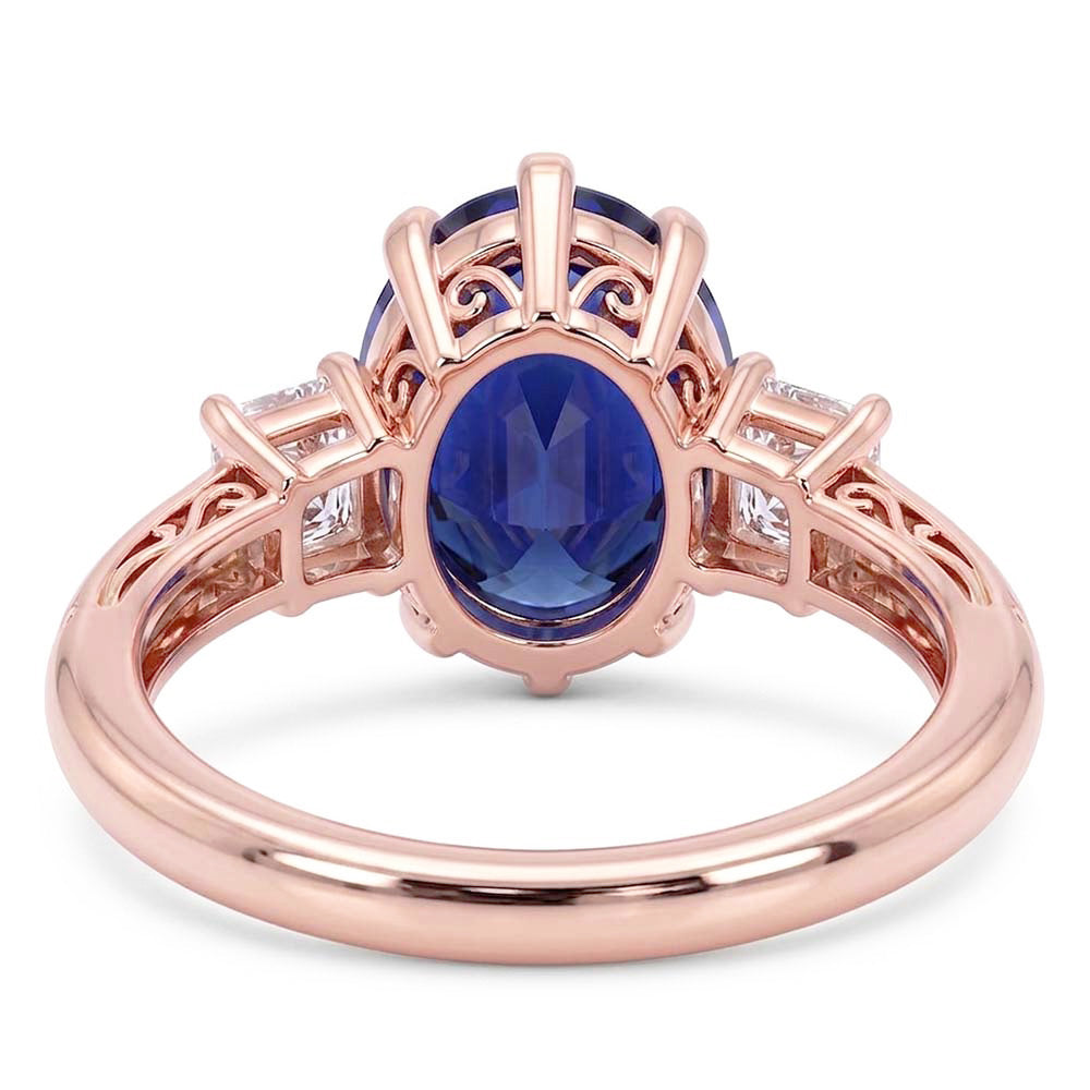 Three Stone Oval Blue Sapphire Ring & Natural Earth Mined Diamonds 2.50 Carats