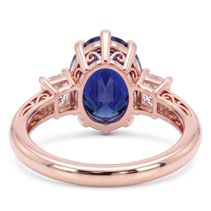 Three Stone Oval Blue Sapphire Ring & Natural Earth Mined Diamonds 2.50 Carats
