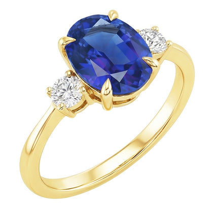 Three Stone Oval Blue Sapphire & Round Natural Earth Mined Diamond Ring Gold 5.50 Carats