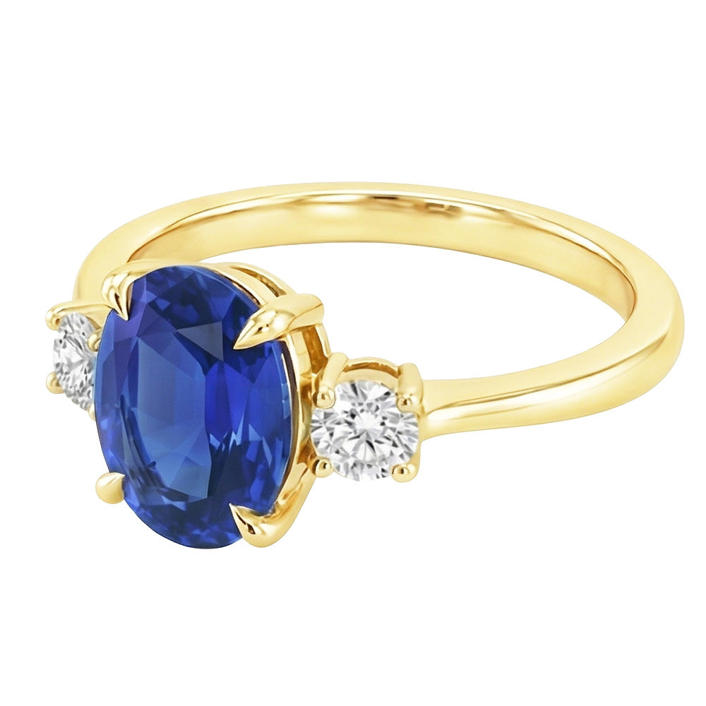 Three Stone Oval Blue Sapphire & Round Natural Earth Mined Diamond Ring Gold 5.50 Carats