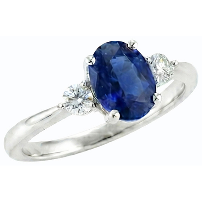 Three Stone Oval Ceylon Sapphire & Round Natural Earth Mined Diamond Ring 2.50 Carats