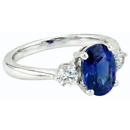 Three Stone Oval Ceylon Sapphire & Round Natural Earth Mined Diamond Ring 2.50 Carats